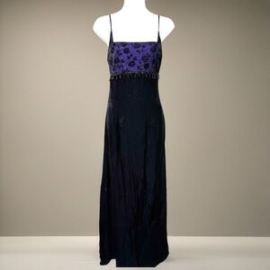 Hyphen Black Satin Purple Glitter Rose Beaded Gown Dress M Y2K 90s Whimsigoth